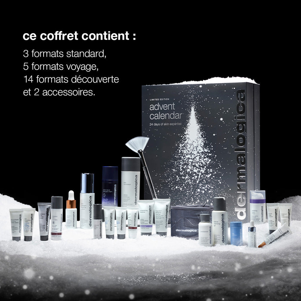 Contenu du calendrier de l'Avent Dermalogica 2026 : 3 formats standard, 5 formats voyage, 14 formats découverte et 2 accessoires