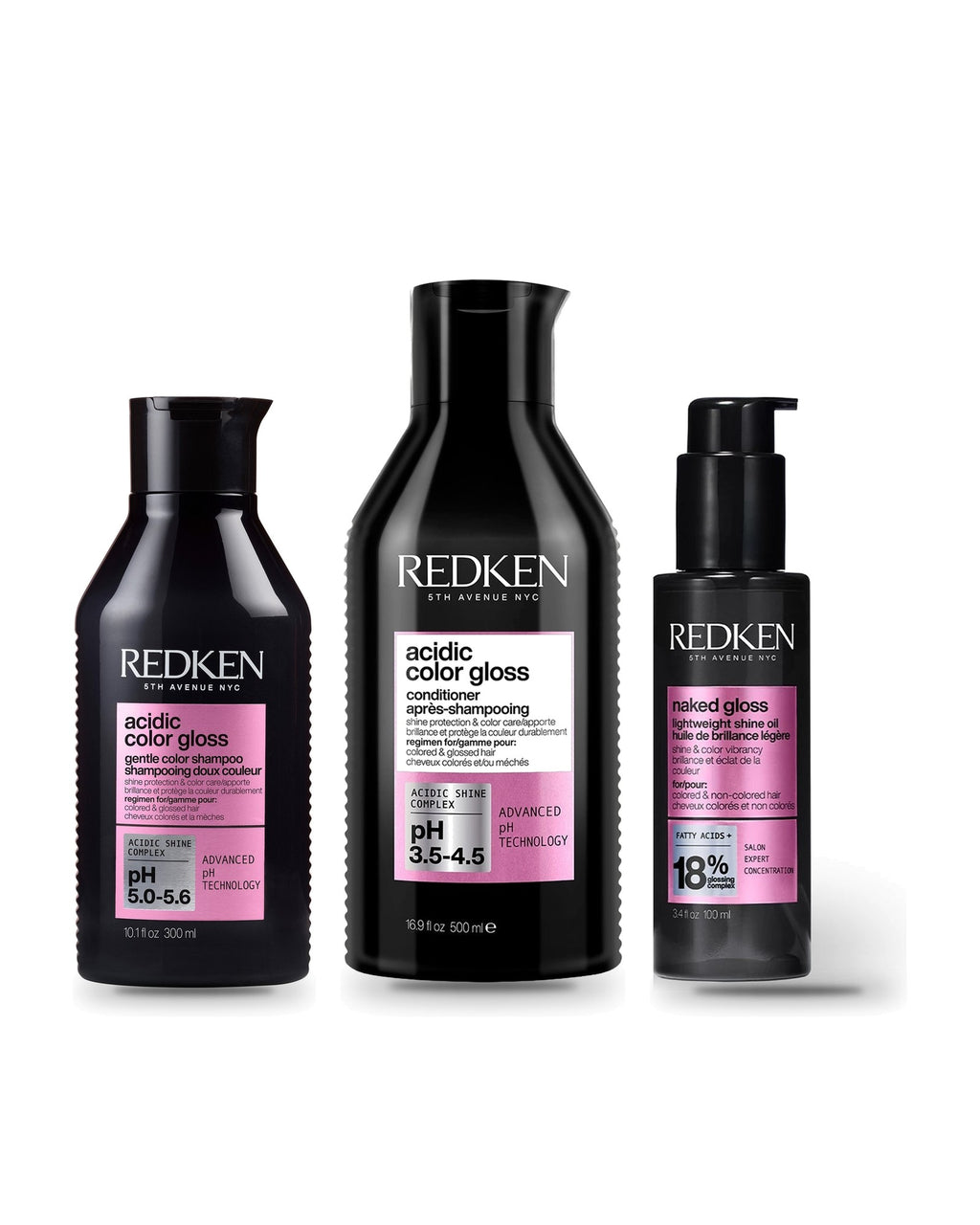 Redken Acidic Color Gloss : shampooing 300 ml, après-shampooing 500 ml et huile